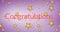 Image of floating golden stars and congratulations on pink background