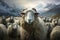 Image of a flock of sheep on a natural background. Farm Animals. Illustration, Generative AI