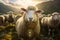 Image of a flock of sheep on a natural background. Farm Animals. Illustration, Generative AI