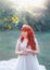 Image of forest queen with bright red curled hair, tiara and modest smile, gently folded her hands and looks at her, an