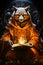Image of fox dressed as wizard reading book. Generative AI