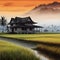 image of fractal art synthography old traditional malay house at paddy field at golden hour.