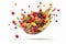 Image of a fruit salad suspended in mid-air, captured at the exact moment fruits are tossed into the bowl, creating a dynamic and
