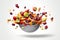 Image of a fruit salad suspended in mid-air, captured at the exact moment fruits are tossed into the bowl, creating a dynamic and