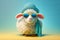 Image of a funny sheep wearing sunglasses on blue background. Animal concept. Generative AI