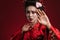 Image of geisha woman in japanese kimono doing stop gesture with hand