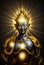 Image generated by AI. Portrait of Buddha with his head illuminated with rays of light from behind.