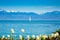 Image of Geneva Lake with Sailing boat and mountains on the background