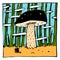 Image of a giant mushroom and grass, clouds and little people. Color illustration, perfect for use in publications, packaging, pos
