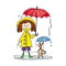 Image of girl walking with a dog in the rain