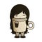 Image of a girl who appears to have just woken up, merged with a large cup of coffee