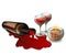 Image of a glass bottle of wine and wine pouring from it in a composition with glasses and a candle. Concept on a white