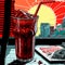 An image of a glass of cola on the table in an old diner. Comic style