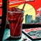 An image of a glass of cola on the table in an old diner. Comic style