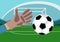 Image of goalkeeper hand with gloves holding a soccer ball. Stadium with Football field and gates on background.Vector