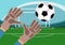 Image of goalkeeper hands with gloves holding a soccer ball. Stadium with Football field and gates on background.Vector