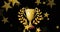 Image of gold trophy and laurel with gold stars, on black background