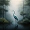 Image of great egret standing in the swamp in the middle of the forest. Birds. Animals. illustration. Generative AI