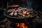 Image of a grill with hot coals and a variety of meats and vegetables cooking on top. Generative AI