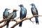 Image of group of an asian koel birds on a branch on a white background. Birds. Animals. Illustration, Generative AI