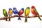 Image of group of painted bunting birds on a branch on a white background. Birds. Animals. Illustration, Generative AI