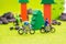 image group of people(mini figure) with retro bicycle in a park