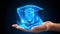 In the image, a hand is displayed holding a glowing, holographic cube .