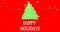 Image of happy holidays text with bendy christmas tree and gold stars on red background