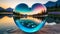 image of a heart-shaped glass half-submerged in water with water bubbles inside casting a double image of the beautiful landscape.