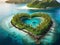 Image of heart-shaped nature surrounded by green trees in the middle of the sea.