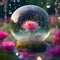 image of the heavy raindrops splattering into translucent petals in an opulent garden with glassy bottle.