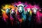 Image of herd of colorful sheep on black background. Farm animals. Generative AI, Illustration