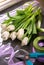 image of holiday gift packaging. sale and packaging of flowers. Bouquet of white tulips