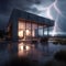 Image of a house firing out lightning and thunder from the massive amount of electricity stored within. Modern house with Spanish
