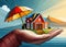 An image of a house in the palm of your hand and an umbrella on it.Visual information about Housing Insurance