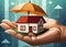 An image of a house in the palm of your hand and an umbrella on it.Visual information about Housing Insurance