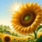 image of huge yellow petals sunflower facing towards the sky from afar see a tiny farmhouse in Sandra Boynton style.