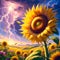 image of huge yellow petals sunflower facing towards the sky from afar see a tiny farmhouse in Sandra Boynton style.