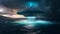 image of an illuminated UFO spaceship hovering over a stormy ocean. Generative ai