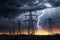 image of intense downpour, tempest with lightning and gloomy skies above electrical towers.by Generative AI