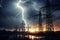 image of intense downpour, tempest with lightning and gloomy skies above electrical towers.by Generative AI