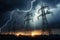 image of intense downpour, tempest with lightning and gloomy skies above electrical towers.by Generative AI