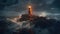 Image of an isolated iron lighthouse standing strong against stormy ocean waves, neural