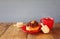 image of jewish holiday Hanukkah with donuts, wooden spinning top and cup of hot chocolate