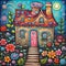 image of karla gerard beautiful fairyland cottage surrounded by gorgeous flowery plants art style.