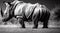 Image of large rhinoceros with folds on skin in black and white tones.