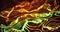 Image of layers of yellow and green glowing contour lines moving on dark background