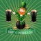Image leprechaun and two glasses of dark beer. Greeting inscription Happy Patrick s Day. illustration