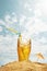 Image of light foamy beer, glass standing into sand over sea and sky background. Summertime chill