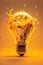 Image of lightbulb with stains on yellow background, created using generative ai technology